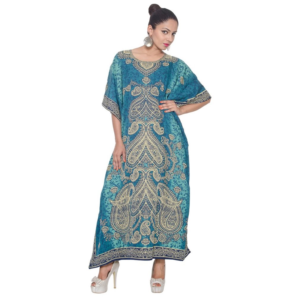 Paisley Printed Teal Polyester Plus Size Kaftan Dress for Women by Gypsie Blu - Picture 3 of 6